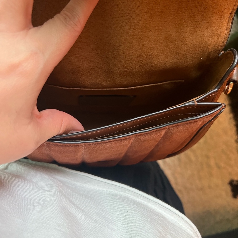 Coach Chestnut Brown Suede & Leather Crossbody with Gold Horse & Carriage Accent - Picture 10 of 12